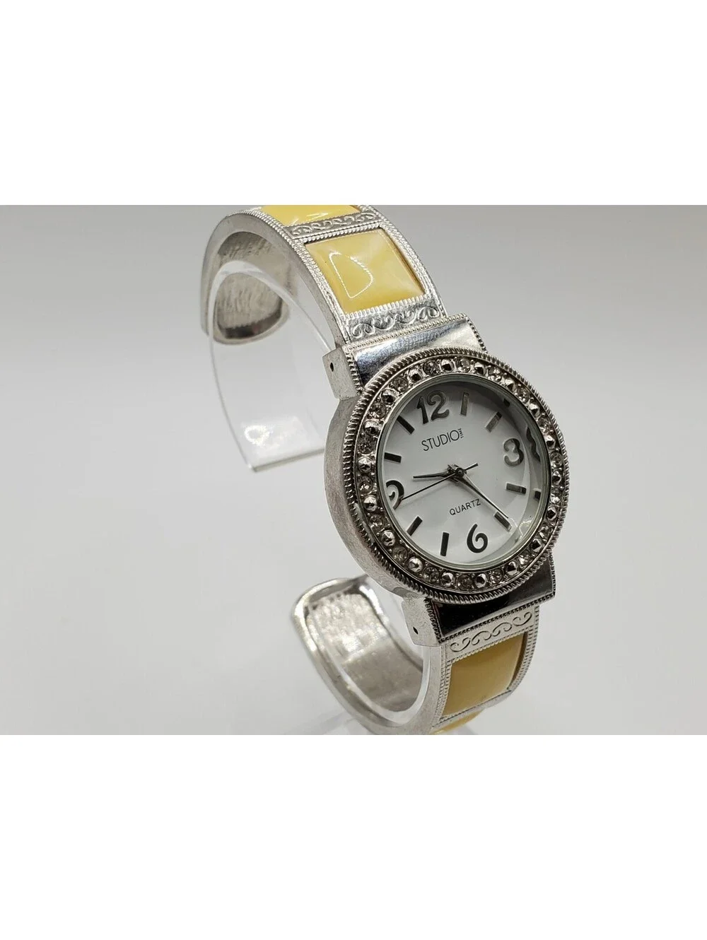 Studio Cuff Band Watch Women White Dial Yellow Stone New Battery